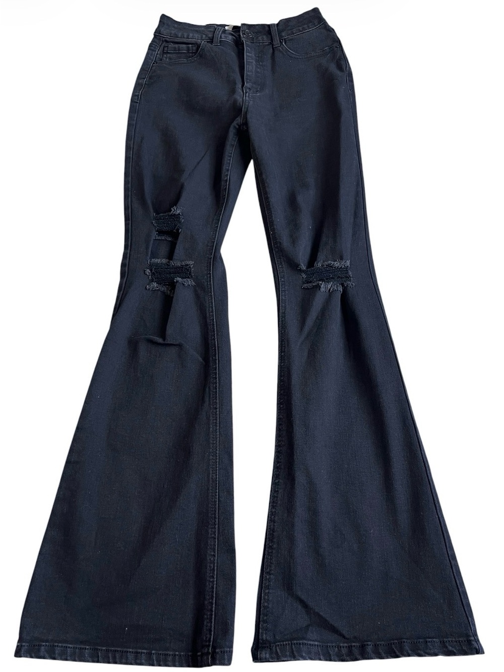 Wax Jean Black Distressed Flare Bell Bottom Jeans Sustainable Denim Size 3 / 26